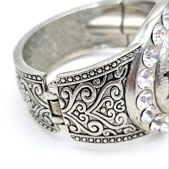 Diva Rhinestone Engraved Statement Wide Cuff Spring Bangle Bracelet - Picture 8 of 9